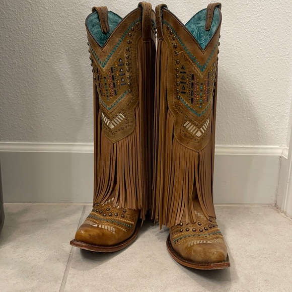 Corral Shoes - Corral Tan and Teal Fringe Heeled Boots